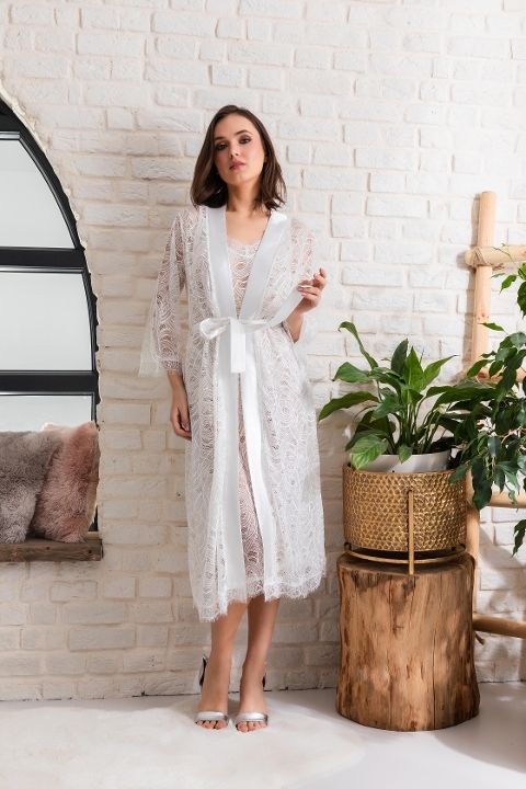 Gelin Set Transparan Midi Boy Kuşakli Sabahlik Ekru Gallipoli 12176 - Ekru