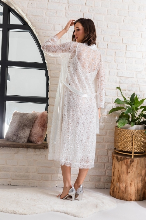 Gelin Set Transparan Midi Boy Kuşakli Sabahlik Ekru Gallipoli 12176 - Ekru