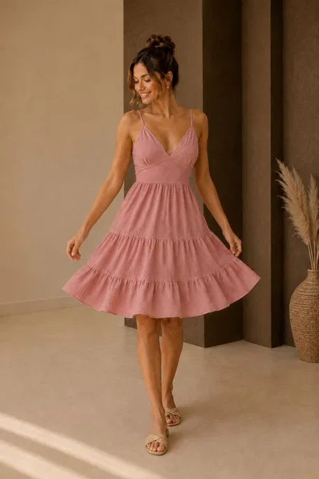 Bella Notte Gül Kurusu Askılı Salaş Model Yazlık Elbise Bella Notte E-5569 - Görsel 3