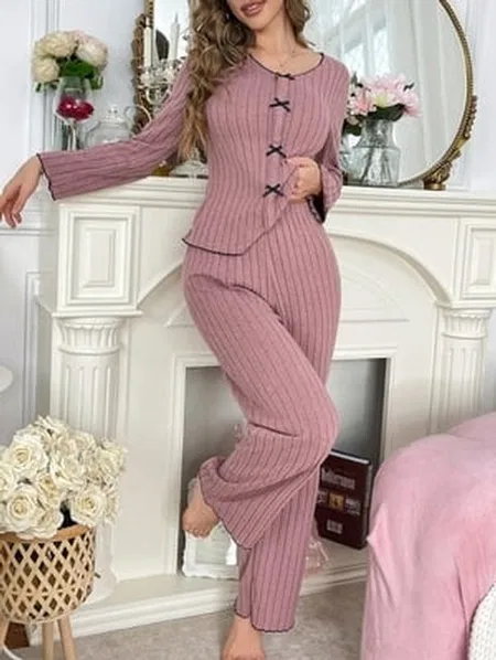 Gül Kurusu Pamuklu Fiyonk Detaylı Uzun Kollu Pijama Takımı Bella Notte 77121 - Pembe