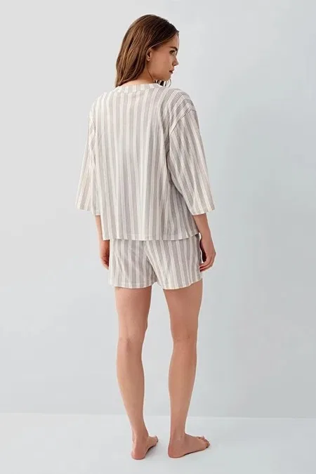 Çizgili Şortlu İp Askılı V Yaka 3'lü Kadın Pijama Takımı Derya Kurşun 9179 - 2