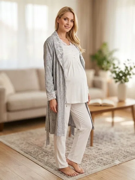 Jakar Desenli Hamile Lohusa 3'lü Pijama Takımı Bone Club 6304 - Ekru