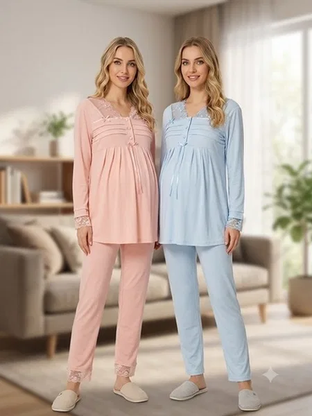 Bone Club Jakar Desenli Hamile Lohusa 3'lü Pijama Takımı Bone Club 6304 - Görsel 4
