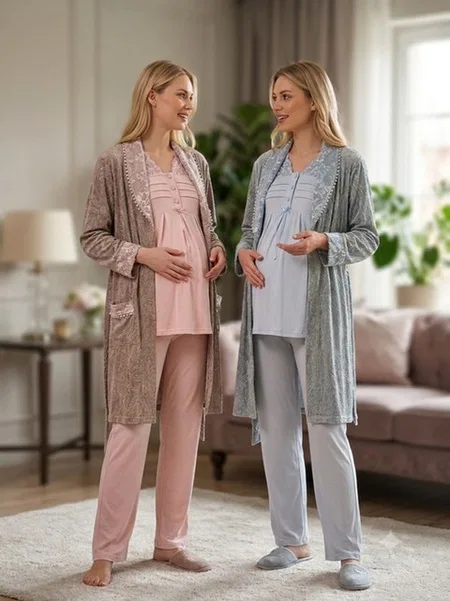 Bone Club Jakar Desenli Hamile Lohusa 3'lü Pijama Takımı Bone Club 6304 - Görsel 2