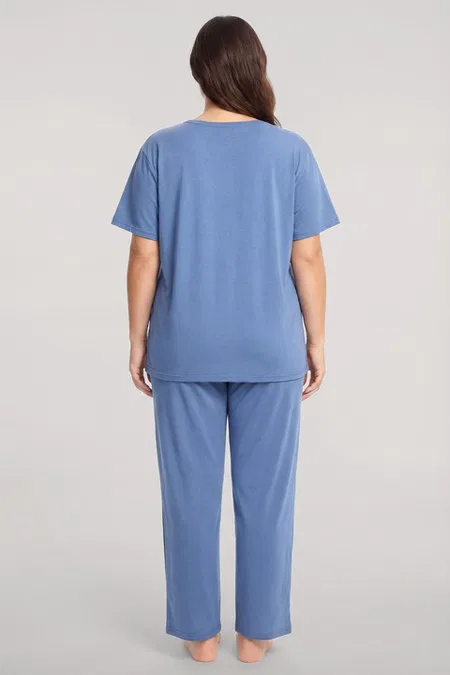 Kadın Büyük Beden Mavi Düğmeli Kısa Kollu Pijama Takımı Akbeniz 202620 - Mavi