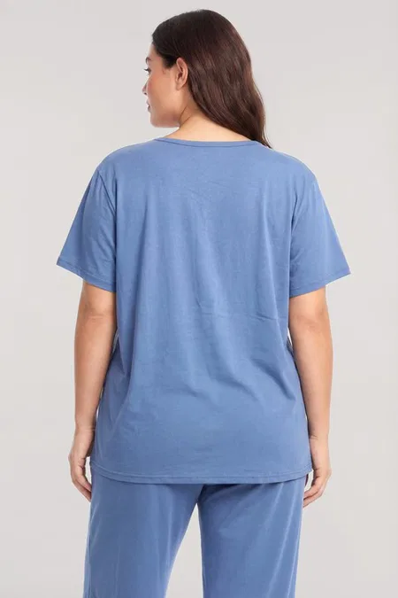 Kadın Büyük Beden Mavi Düğmeli Kısa Kollu Pijama Takımı Akbeniz 202620 - Mavi