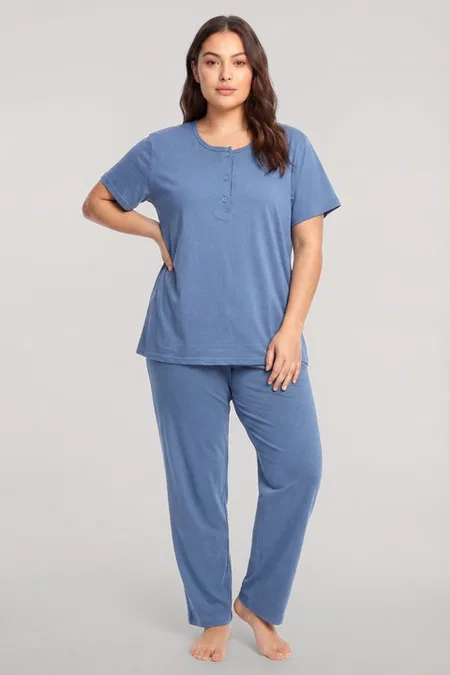 Kadın Büyük Beden Mavi Düğmeli Kısa Kollu Pijama Takımı Akbeniz 202620 - Mavi