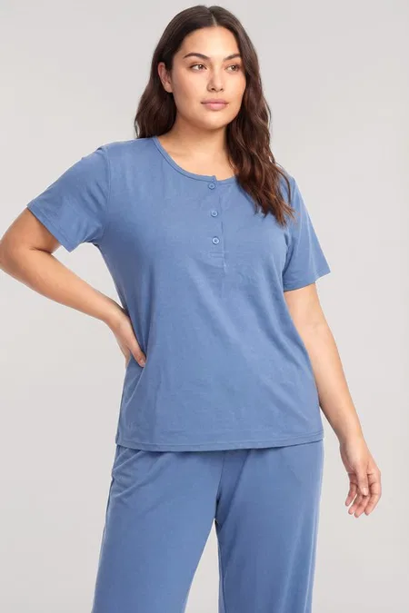 Kadın Büyük Beden Mavi Düğmeli Kısa Kollu Pijama Takımı Akbeniz 202620 - Mavi