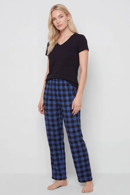 Pamuklu Ekoseli Mavi Kadın Pijama Takımı Türen 3618