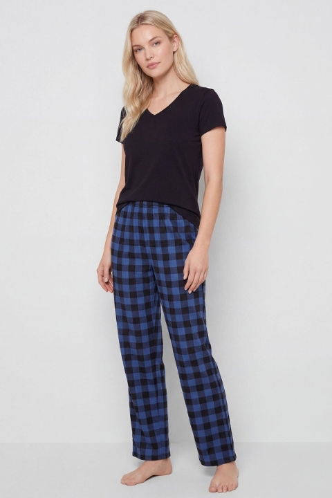 Pamuklu Ekoseli Mavi Kadın Pijama Takımı Türen 3618