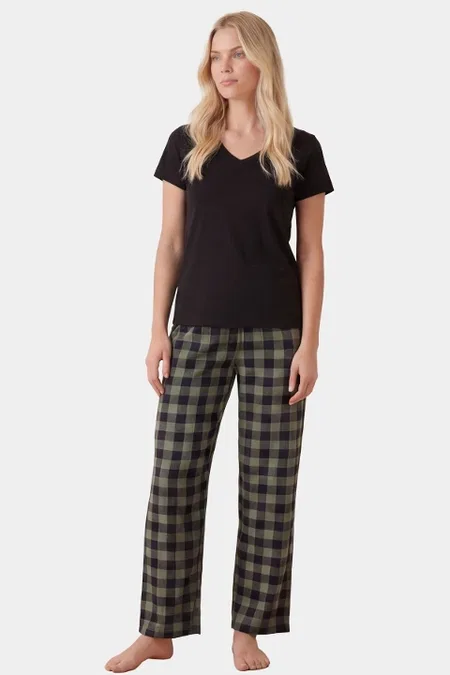 Pamuklu Ekoseli Yeşil Kadın Pijama Takımı Türen 3618