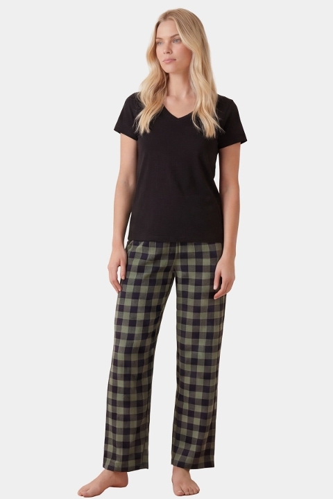 Pamuklu Ekoseli Yeşil Kadın Pijama Takımı Türen 3618