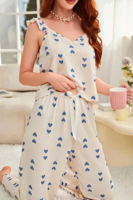 Kalp Desenli Kolsuz Kadın Pijama Takımı Ruselin 5137 - Ekru