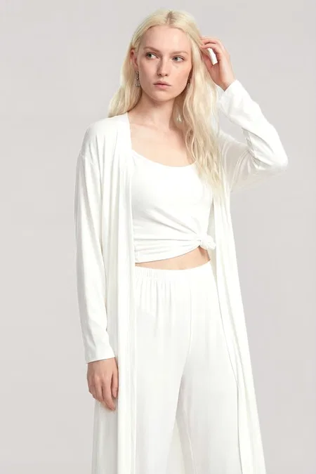 Akbeniz Kadın Ekru Uzun Kimono Sabahlıklı 3'lü Pijama Takımı Akbeniz Y1400 - Görsel 8