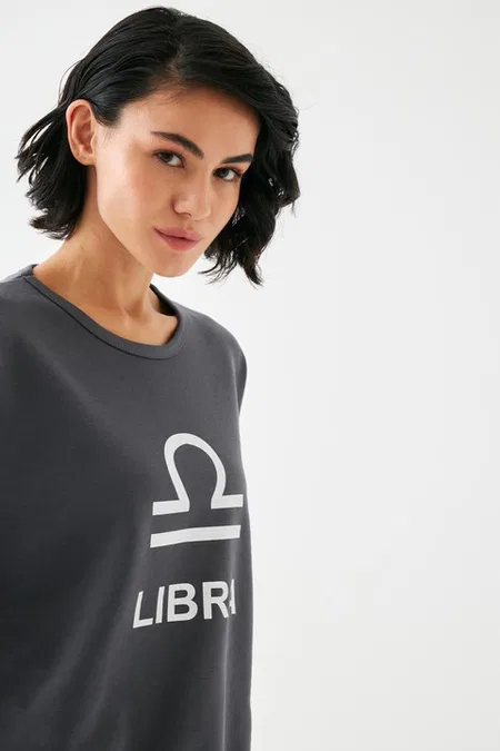 Kadın Füme Terazi Burcu Baskılı Oversize 2 İplik Eşofman Takımı Akbeniz B9999 - Füme Terazi