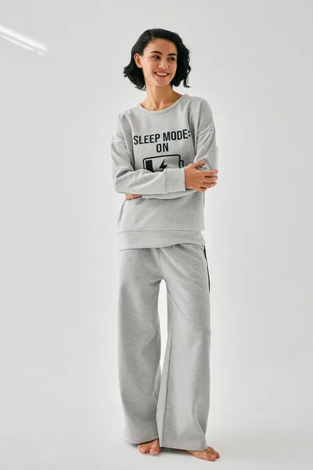Kadın Gri Sleep Mode On Baskılı Oversize 2 İplik Eşofman Takımı Akbeniz B3333 - Gri