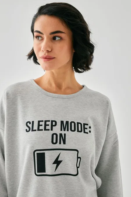 Kadın Gri Sleep Mode On Baskılı Oversize 2 İplik Eşofman Takımı Akbeniz B3333 - Gri