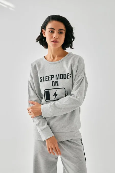 Kadın Gri Sleep Mode On Baskılı Oversize 2 İplik Eşofman Takımı Akbeniz B3333 - Gri
