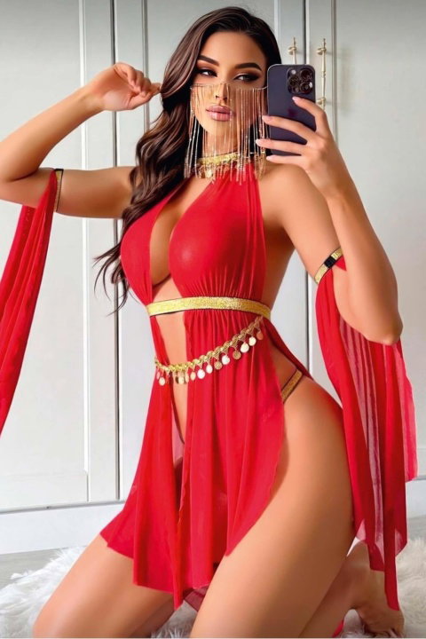 Kırmızı Tül Detaylı Oryantal Kostüm Ruselin 2266