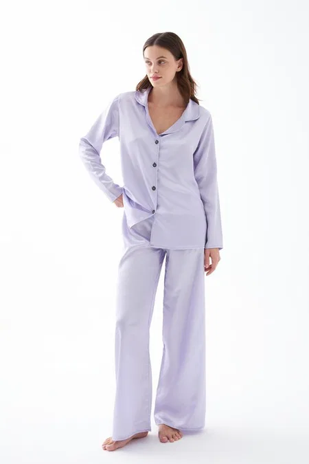 Kadın Lila Oversize Saten Pijama Takımı Akbeniz 27960 - Lila