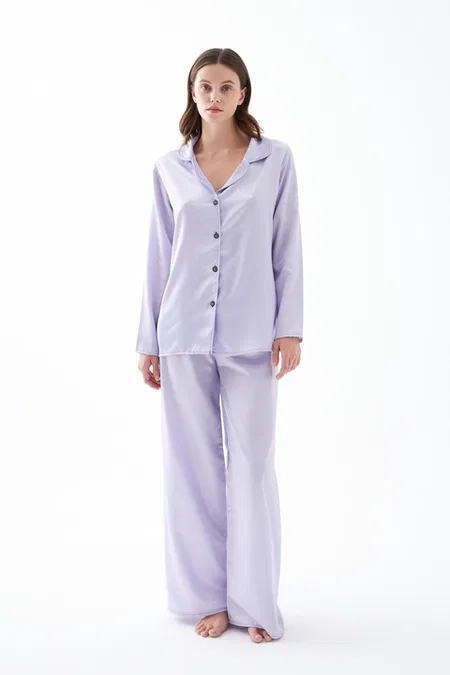 Kadın Lila Oversize Saten Pijama Takımı Akbeniz 27960 - Lila