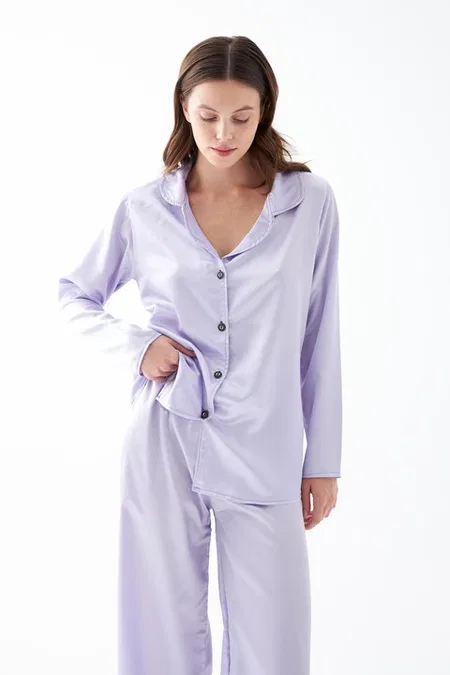 Kadın Lila Oversize Saten Pijama Takımı Akbeniz 27960 - Lila