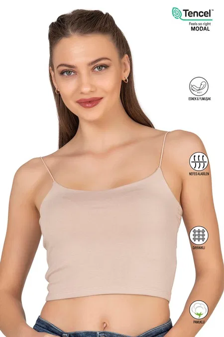 Kadın Modal Pamuklu Likralı Esnek Rahat Vücuda Oturan Spagetti Askılı Örme Crop Atlet Özkan 27370 - Taş