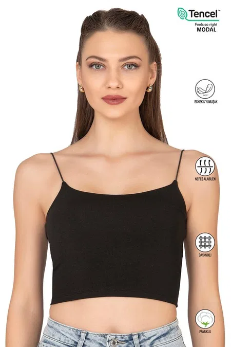 Kadın Modal Pamuklu Likralı Esnek Rahat Vücuda Oturan Spagetti Askılı Örme Crop Atlet Özkan 27370 - Siyah