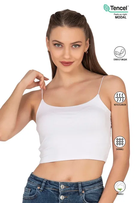 Kadın Modal Pamuklu Likralı Esnek Rahat Vücuda Oturan Spagetti Askılı Örme Crop Atlet Özkan 27370 - Beyaz