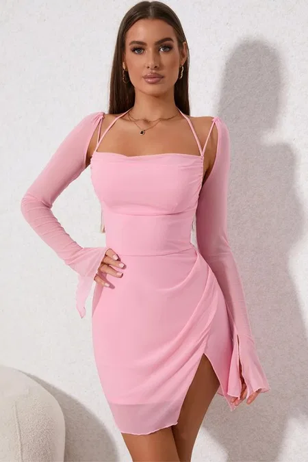 Kadın Pembe Degaje Yaka Askılı Tül Kollu Mini Abiye Elbise Real Passione E1077 - Pembe