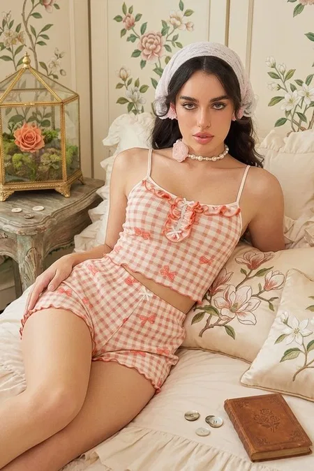 Kadın Pembe Ekose Gül Desenli Askılı Crop Atlet ve Fırfırlı Şort Pijama Takımı Bella Notte 7669 - Pembe