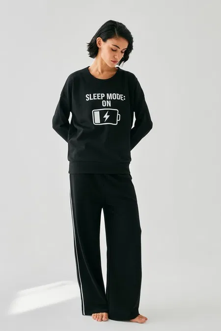Kadın Siyah Sleep Mode On Baskılı Oversize 2 İplik Eşofman Takımı Akbeniz B3333 - Siyah