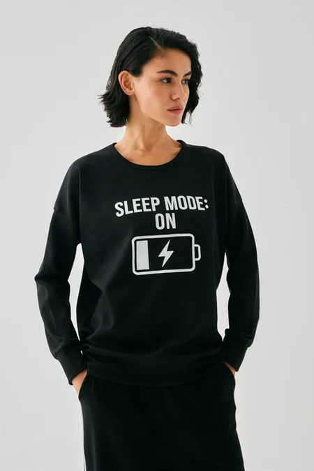 Kadın Siyah Sleep Mode On Baskılı Oversize 2 İplik Eşofman Takımı Akbeniz B3333 - Siyah