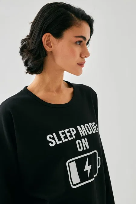 Kadın Siyah Sleep Mode On Baskılı Oversize 2 İplik Eşofman Takımı Akbeniz B3333 - Siyah