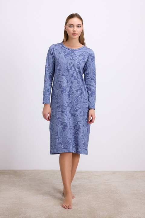 Kadın Uzun Kollu Desenli Gecelik Anıl 11567 - Çivit