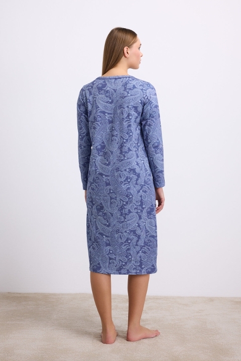 Kadın Uzun Kollu Desenli Gecelik Anıl 11567 - Çivit