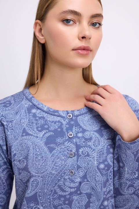 Kadın Uzun Kollu Desenli Gecelik Anıl 11567 - Çivit