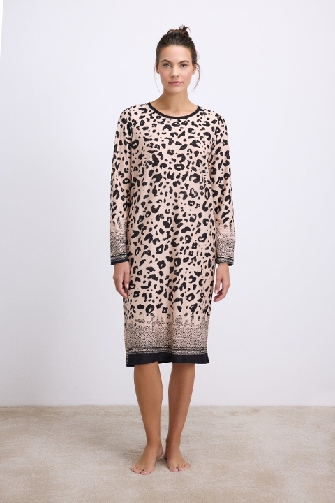 Kadın Uzun Kollu Leopar Desenli ve Doğal Dokulu Gecelik Anıl 11539