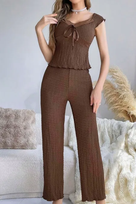 Kahverengi Kurdela Detaylı Yumuşak Pamuklu Uzun Pijama Takımı Ruselin 5135 - Kahverengi