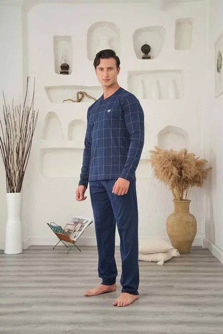 Kareli Süprem Erkek Pijama Takımı Bone Club 5873 - Lacivert