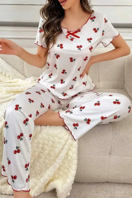 Kiraz Desen Yumuşak Pamuklu Pijama Takımı Ruselin 5128