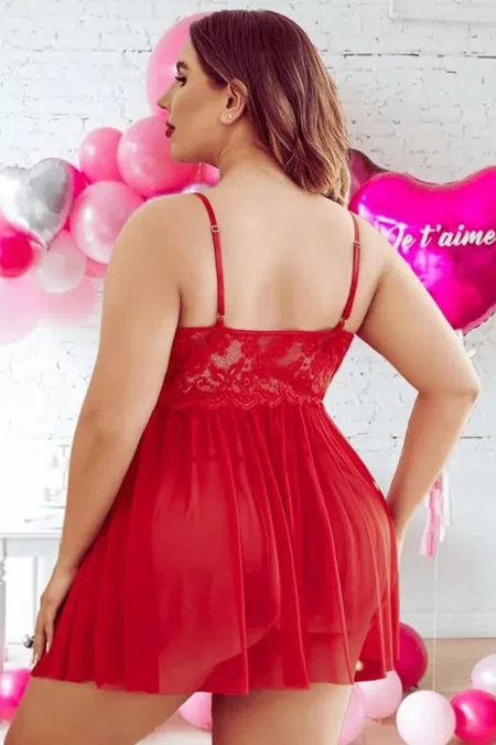Kırmızı Dantelli Tül Büyük Beden Fantezi Babydoll Gecelik Nathalie 03 - Kırmızı