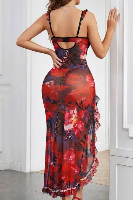 Kırmızı Şeffaf Tül Desenli Bacak Yırtmaçlı İp Askılı Gecelik Lily Bianca LB-326 - Kırmızı