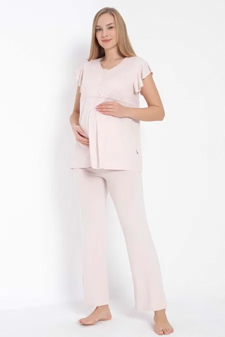 Kısa Kol Bisiklet Yaka Kadın Viskon Dantel Detaylı Hamile Pijama Takımı Sabahlık Anıl 11314 - Pembe