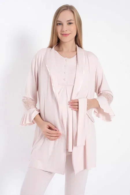 Kısa Kol Bisiklet Yaka Kadın Viskon Dantel Detaylı Hamile Pijama Takımı Sabahlık Anıl 11314 - Pembe