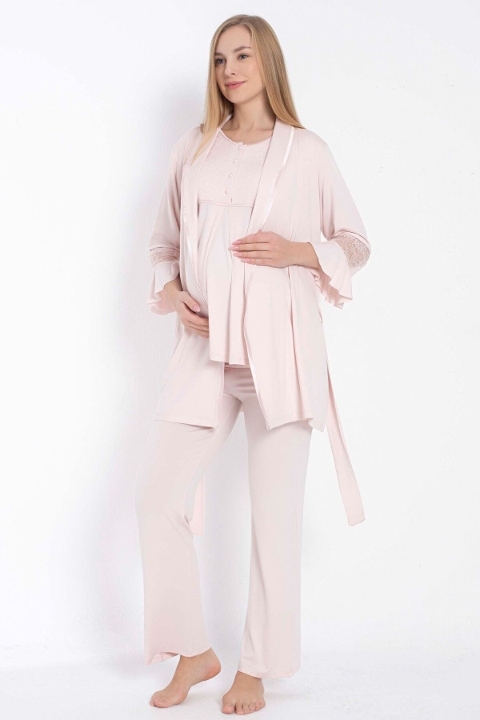 Kısa Kol Bisiklet Yaka Kadın Viskon Dantel Detaylı Hamile Pijama Takımı Sabahlık Anıl 11314 - Pembe