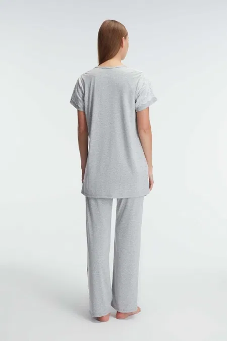 Kısa Kol V Yaka Kadın Polyester Elastan Yazlık Örme Dantel Detaylı Hamile Pijama Takımı Anıl 11308 - Grimelanj