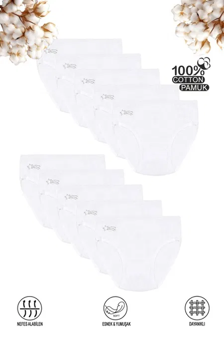 Kız Çocuk %100 Pamuklu Ribana Esnek Rahat Taş Detaylı Slip Külot 10'lu Paket Özkan 0840 - Beyaz