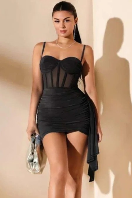 Korse Detaylı Drapeli Mini Elbise Real Passione 1060 - Siyah