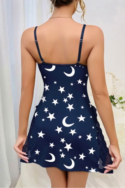 Lacivert Ay Yıldız Desenli Yırtmaçlı Gecelik Lily Bianca 13104 - 2